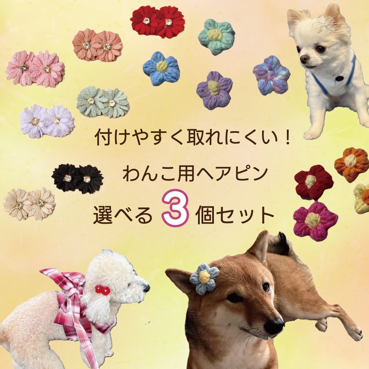 短い被毛にも付けやすく取れにくい！犬用ヘアピン選べる3点セット